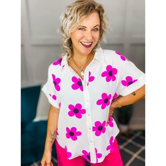 NWT Jodifl Blouse Top Daisy Floral Button Down Pink White Size M - Picture 6 of 9